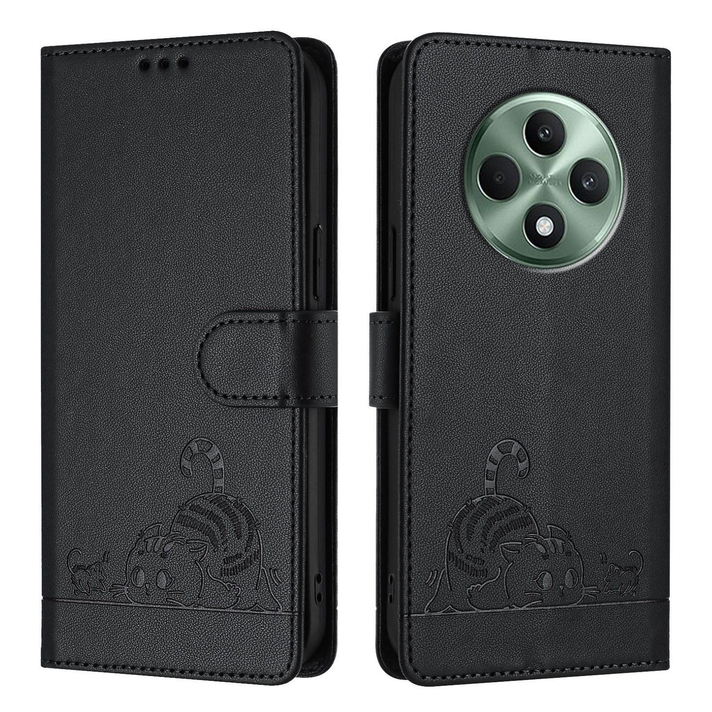 OPPO Reno12 F Global Cat and Rat Embossed Pattern, RFID Leather Phone Case with Lanyard, Kickstand, and Wallet Features
