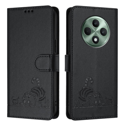OPPO Reno12 F Global Cat and Rat Embossed Pattern, RFID Leather Phone Case with Lanyard, Kickstand, and Wallet Features