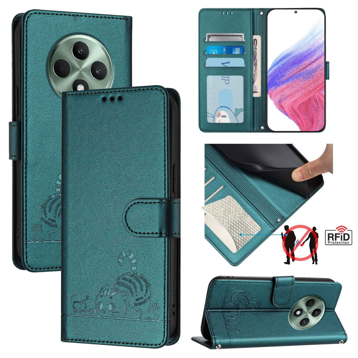 OPPO Reno12 F Global Cat and Rat Embossed Pattern, RFID Leather Phone Case with Lanyard, Kickstand, and Wallet Features