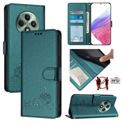OPPO Reno12 F Global Cat and Rat Embossed Pattern, RFID Leather Phone Case with Lanyard, Kickstand, and Wallet Features