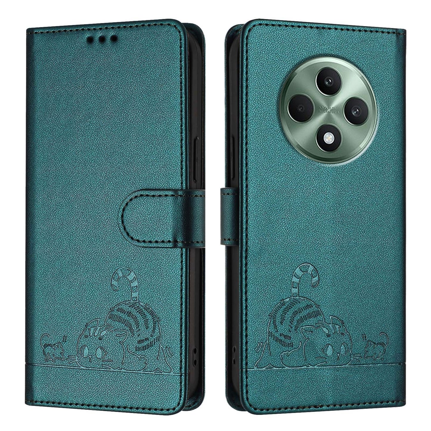 OPPO Reno12 F Global Cat and Rat Embossed Pattern, RFID Leather Phone Case with Lanyard, Kickstand, and Wallet Features