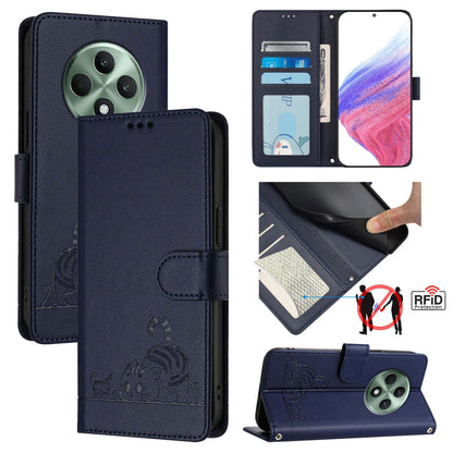 OPPO Reno12 F Global Cat and Rat Embossed Pattern, RFID Leather Phone Case with Lanyard, Kickstand, and Wallet Features