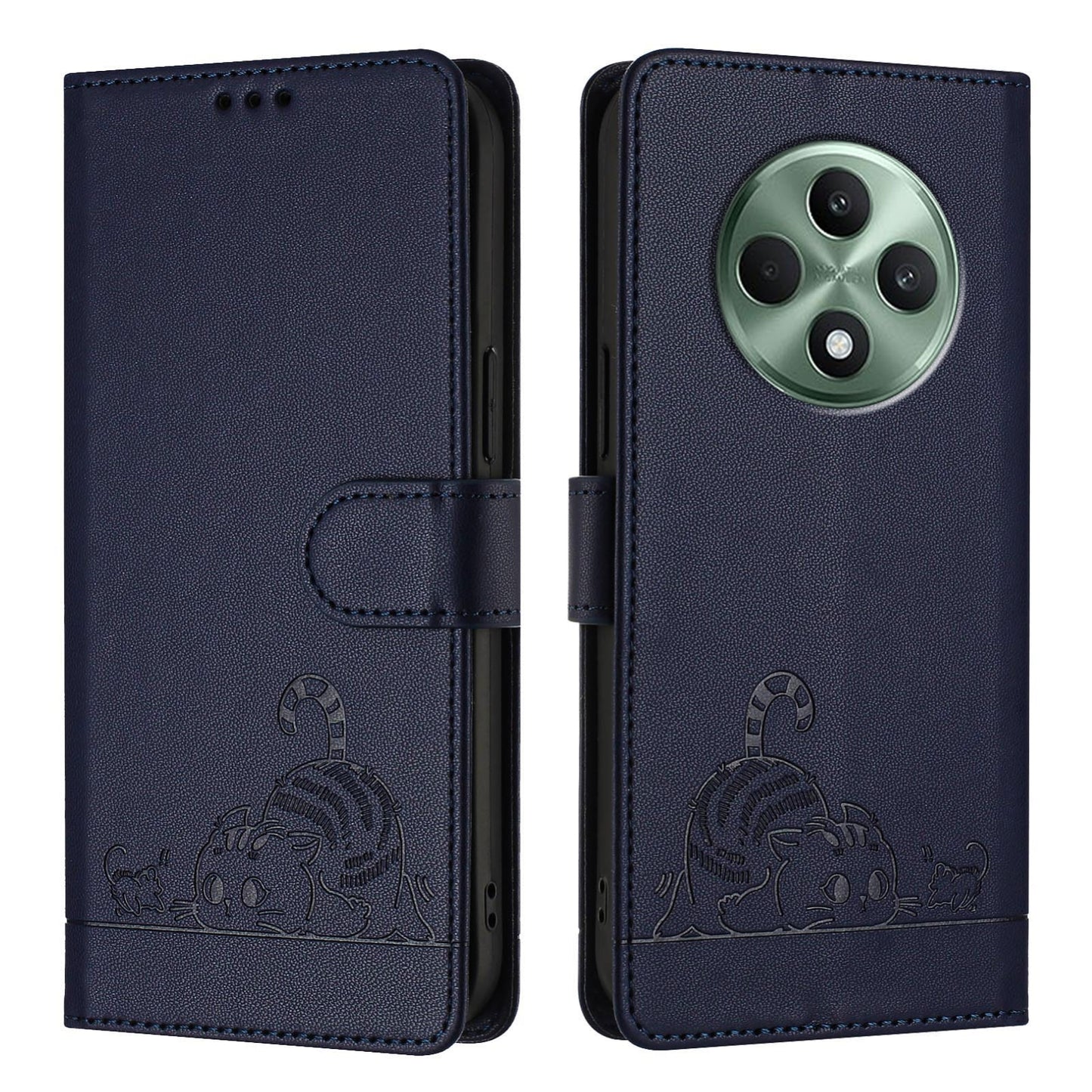 OPPO Reno12 F Global Cat and Rat Embossed Pattern, RFID Leather Phone Case with Lanyard, Kickstand, and Wallet Features