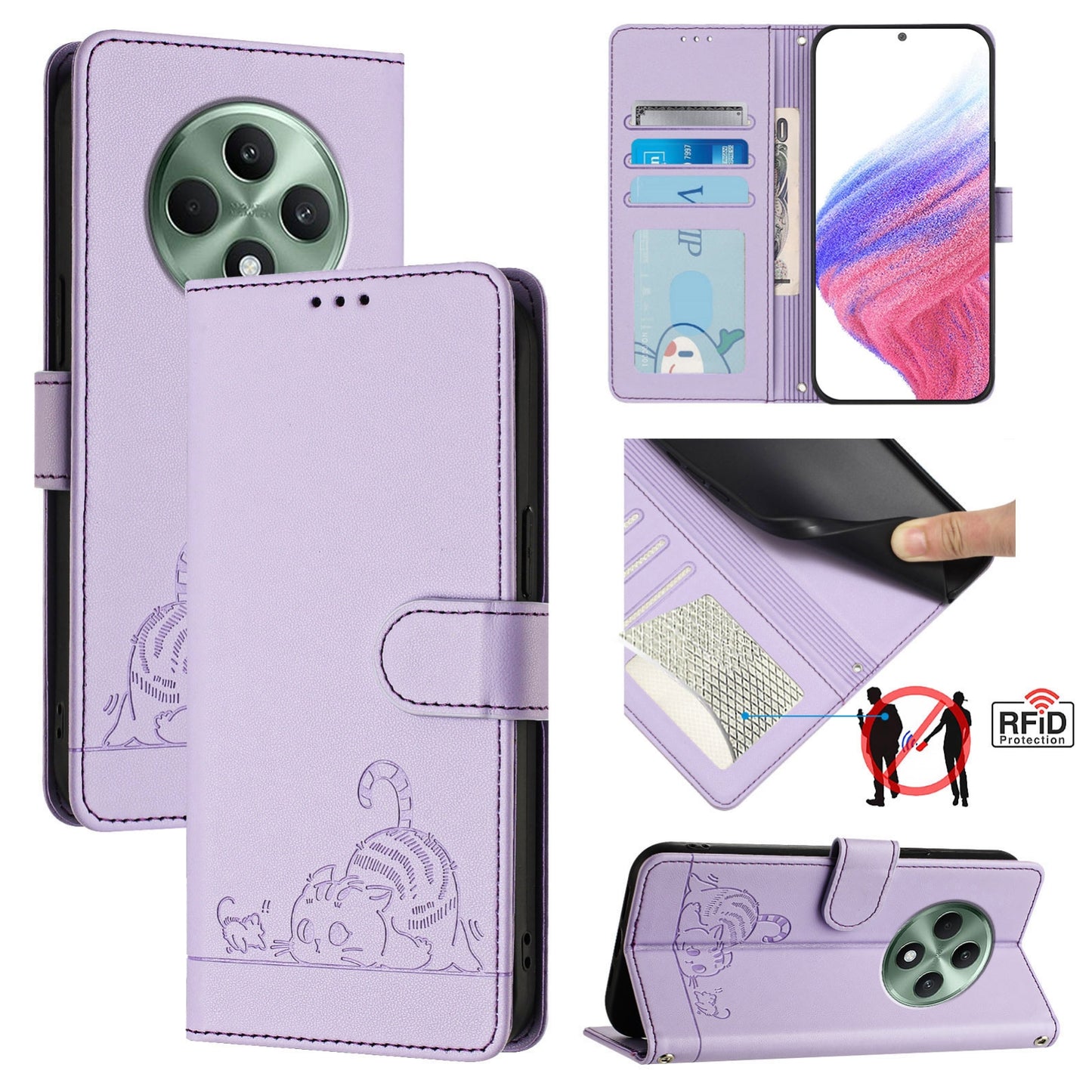 OPPO Reno12 F Global Cat and Rat Embossed Pattern, RFID Leather Phone Case with Lanyard, Kickstand, and Wallet Features