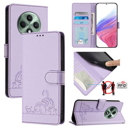 OPPO Reno12 F Global Cat and Rat Embossed Pattern, RFID Leather Phone Case with Lanyard, Kickstand, and Wallet Features