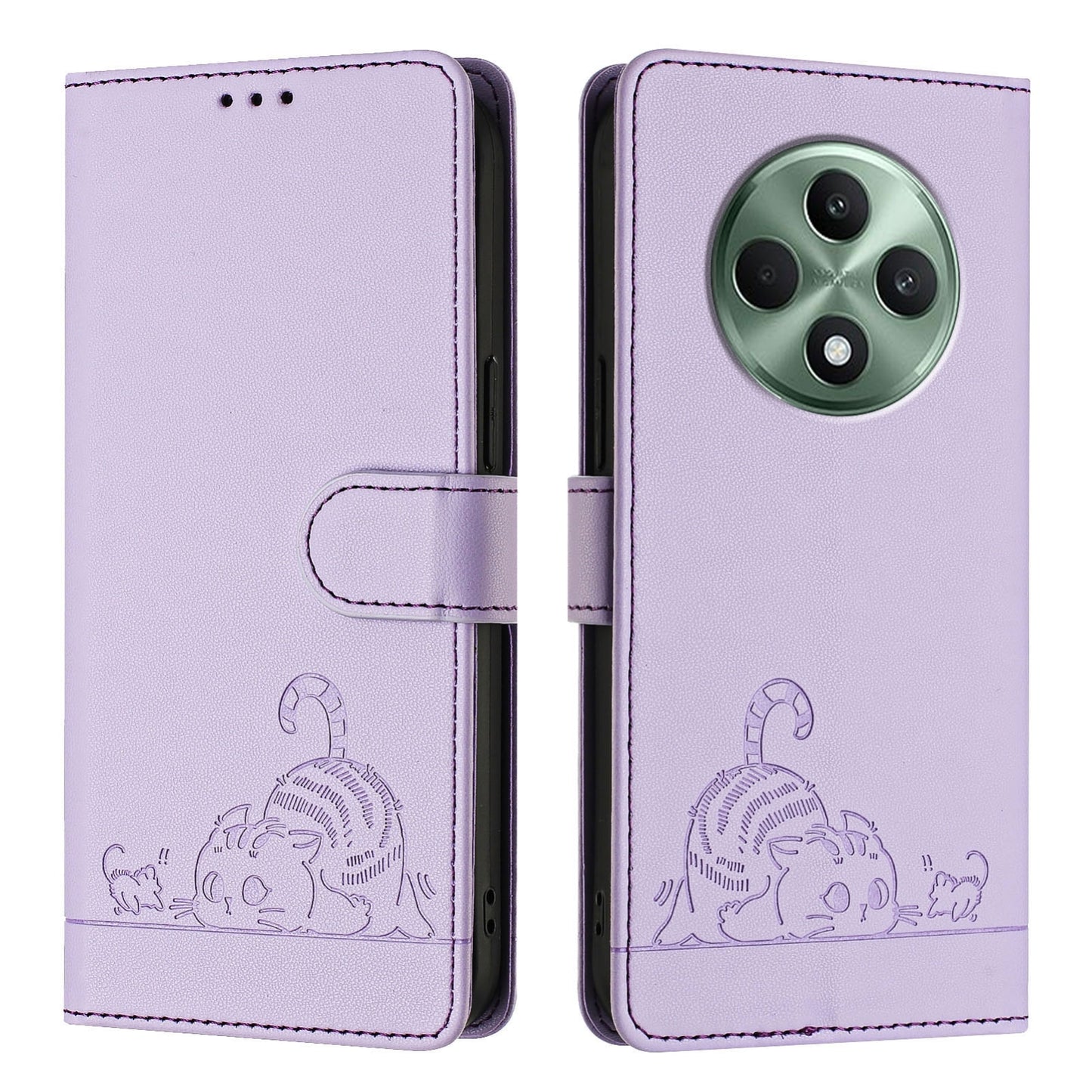 OPPO Reno12 F Global Cat and Rat Embossed Pattern, RFID Leather Phone Case with Lanyard, Kickstand, and Wallet Features