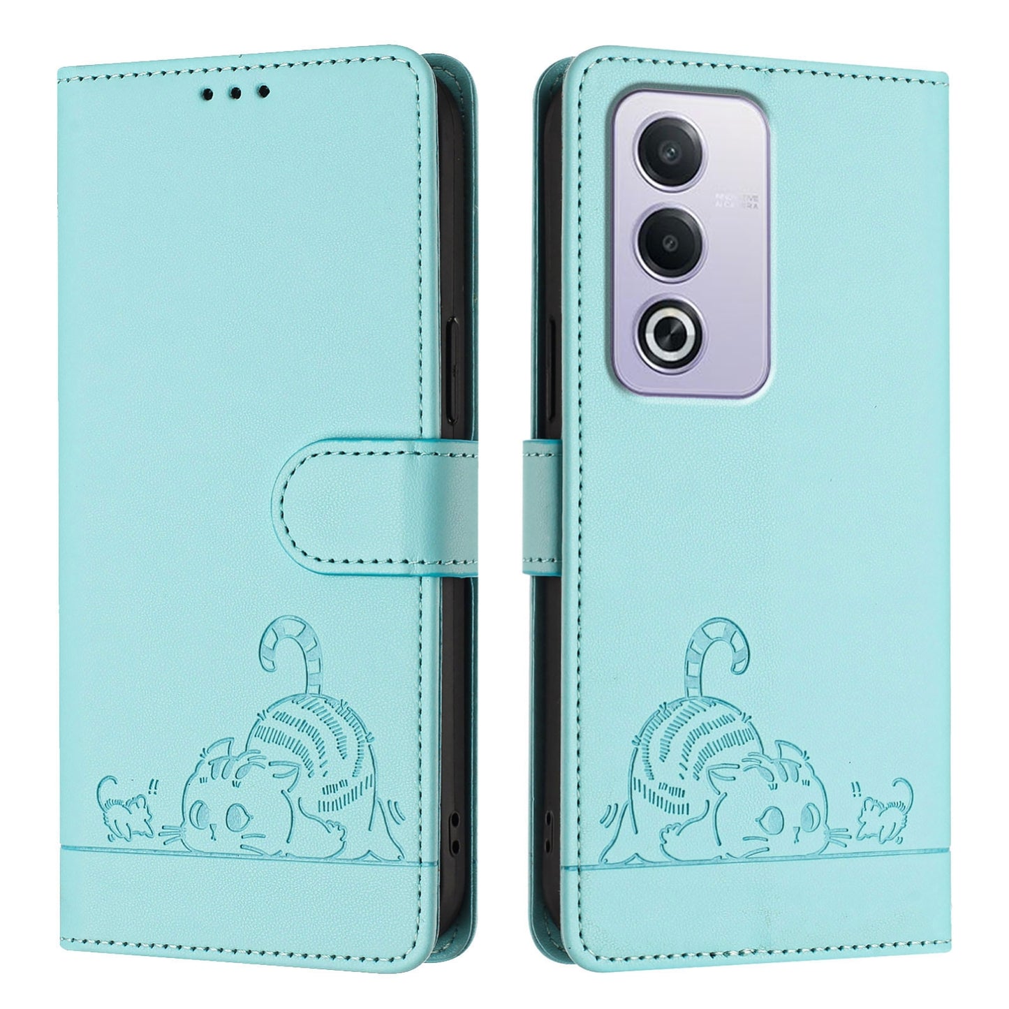 OPPO A3 Pro 5G Global Cat and Rat Embossed Pattern, RFID Leather Phone Case with Lanyard, Kickstand, and Wallet Features