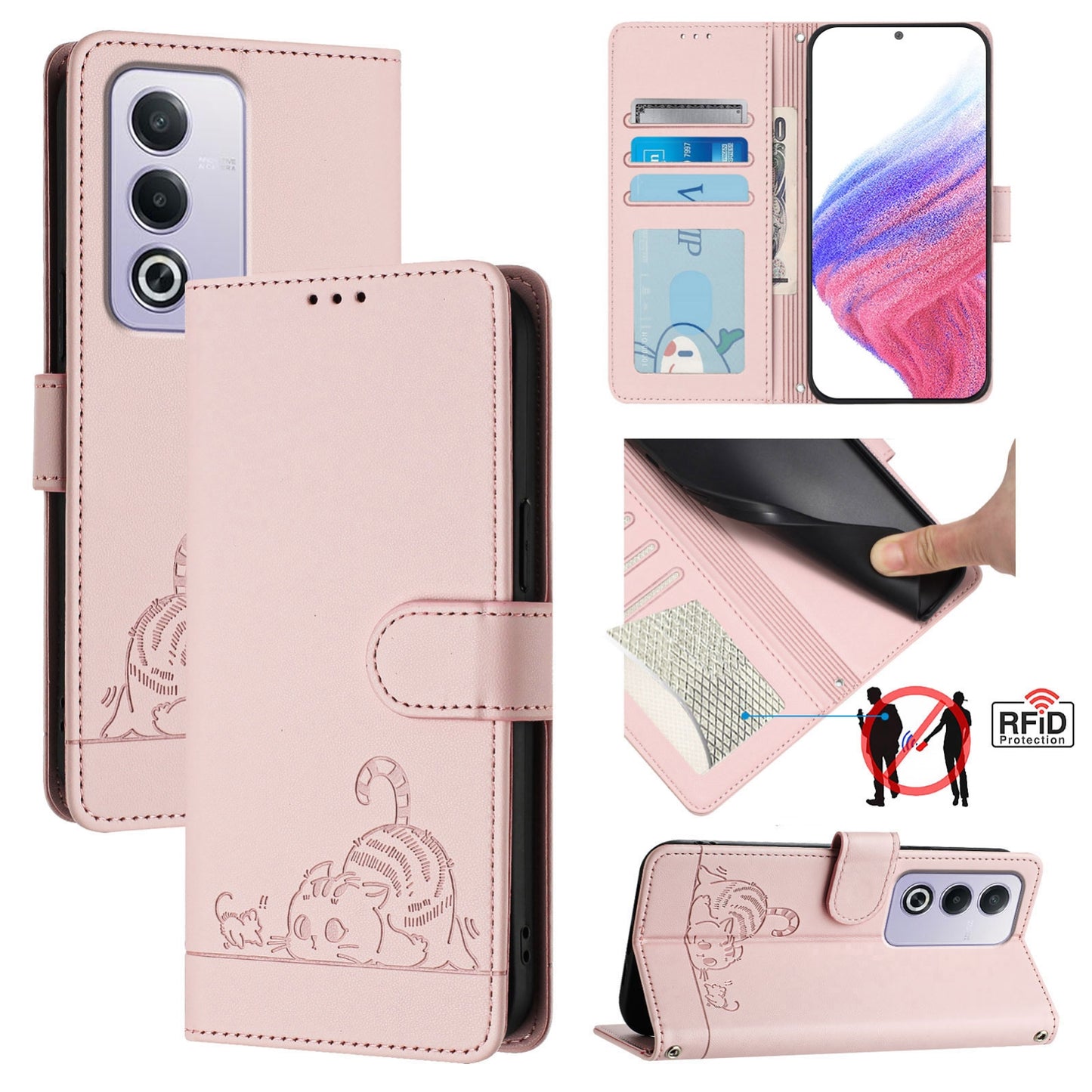 OPPO A3 Pro 5G Global Cat and Rat Embossed Pattern, RFID Leather Phone Case with Lanyard, Kickstand, and Wallet Features