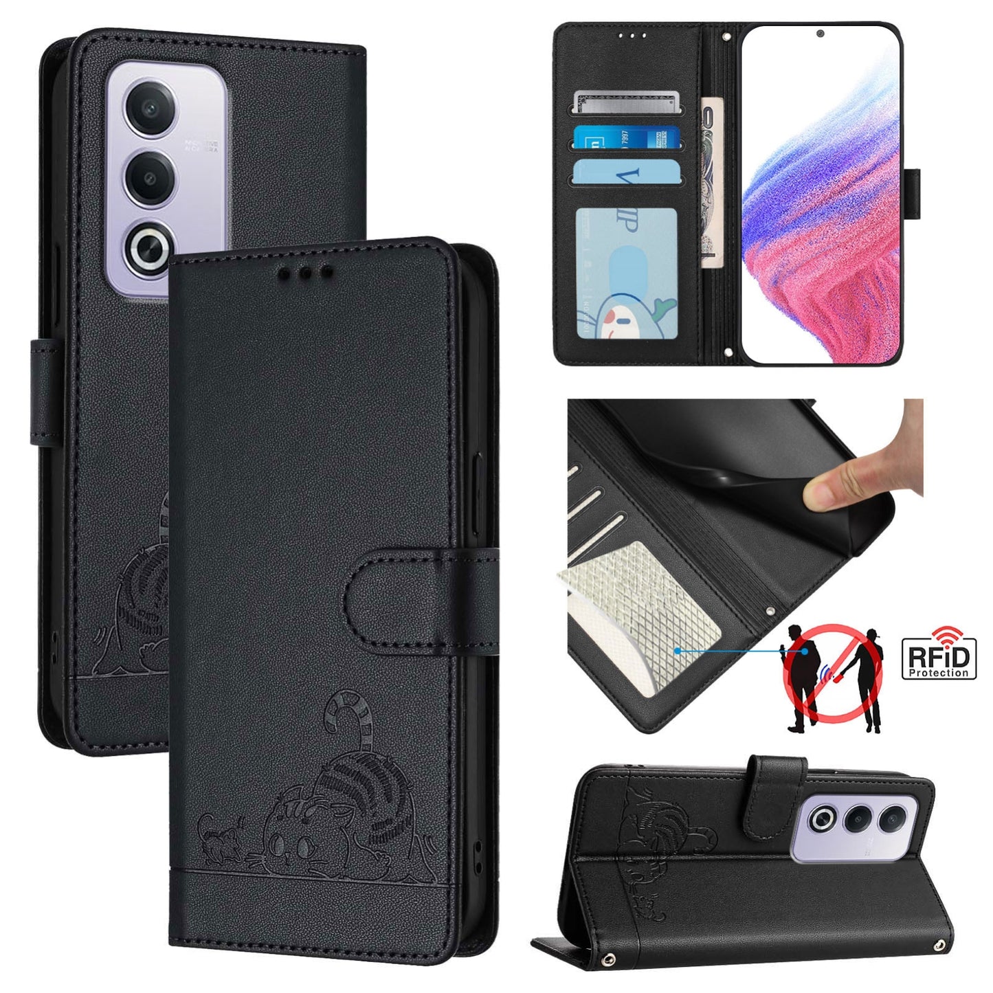 OPPO A3 Pro 5G Global Cat and Rat Embossed Pattern, RFID Leather Phone Case with Lanyard, Kickstand, and Wallet Features