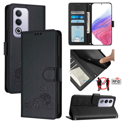 OPPO A3 Pro 5G Global Cat and Rat Embossed Pattern, RFID Leather Phone Case with Lanyard, Kickstand, and Wallet Features