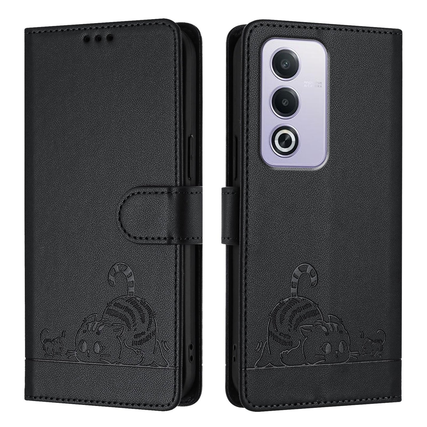 OPPO A3 Pro 5G Global Cat and Rat Embossed Pattern, RFID Leather Phone Case with Lanyard, Kickstand, and Wallet Features