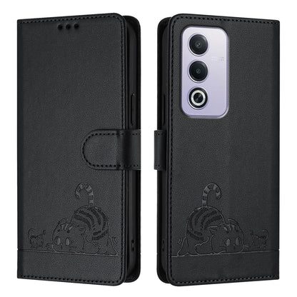 OPPO A3 Pro 5G Global Cat and Rat Embossed Pattern, RFID Leather Phone Case with Lanyard, Kickstand, and Wallet Features