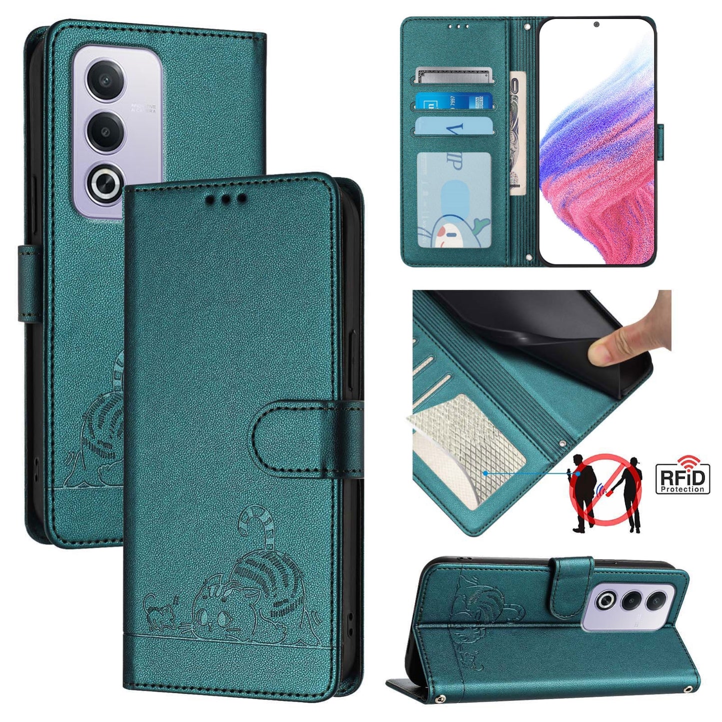 OPPO A3 Pro 5G Global Cat and Rat Embossed Pattern, RFID Leather Phone Case with Lanyard, Kickstand, and Wallet Features