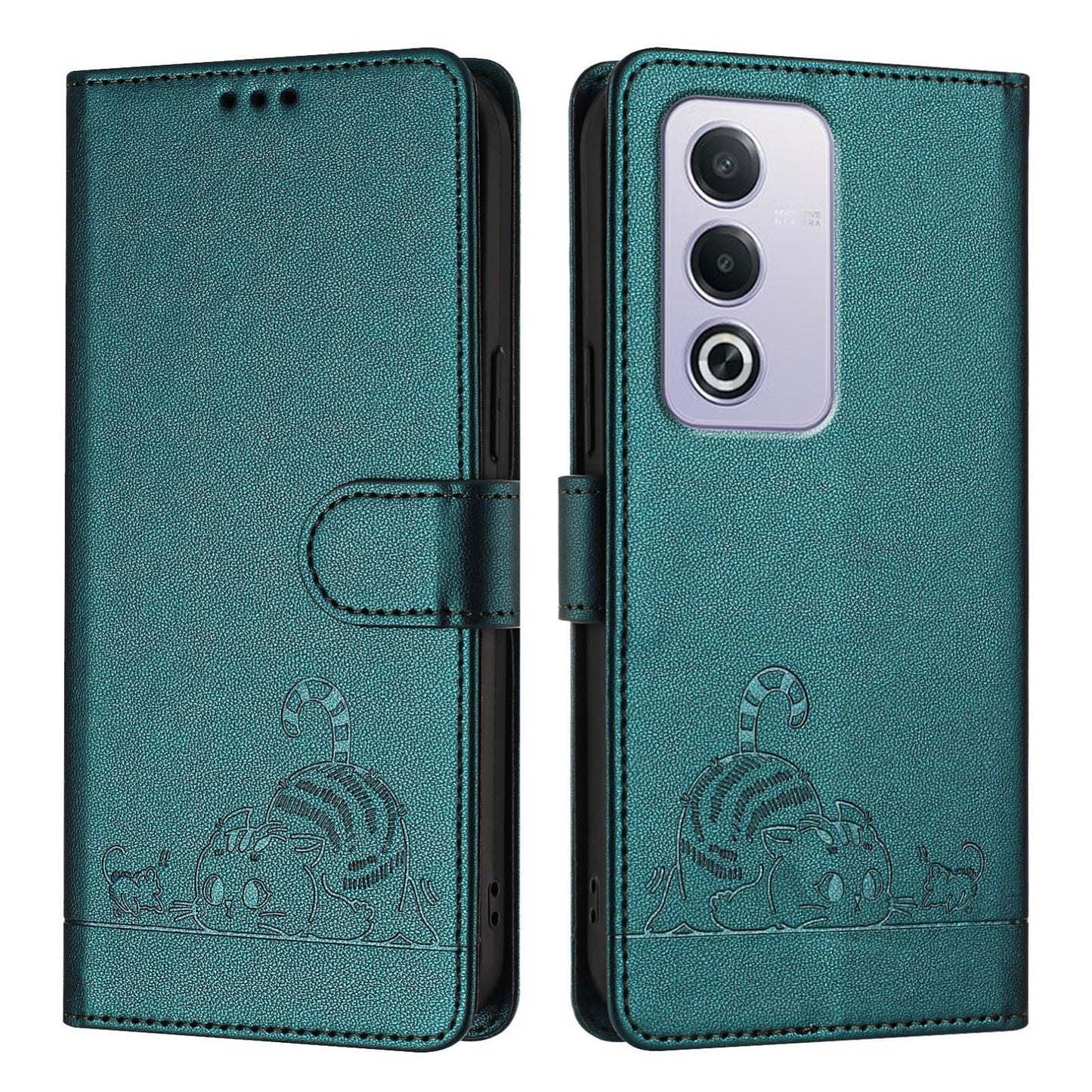 OPPO A3 Pro 5G Global Cat and Rat Embossed Pattern, RFID Leather Phone Case with Lanyard, Kickstand, and Wallet Features