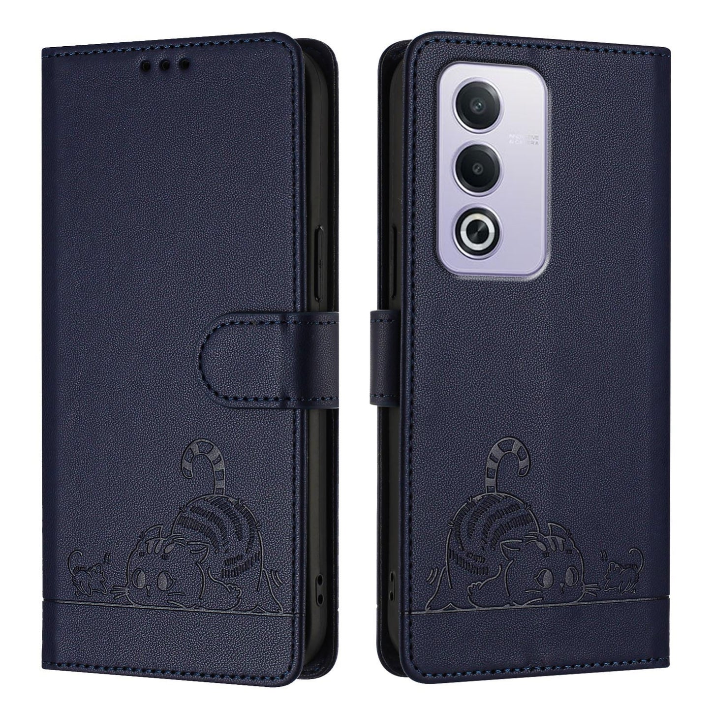 OPPO A3 Pro 5G Global Cat and Rat Embossed Pattern, RFID Leather Phone Case with Lanyard, Kickstand, and Wallet Features