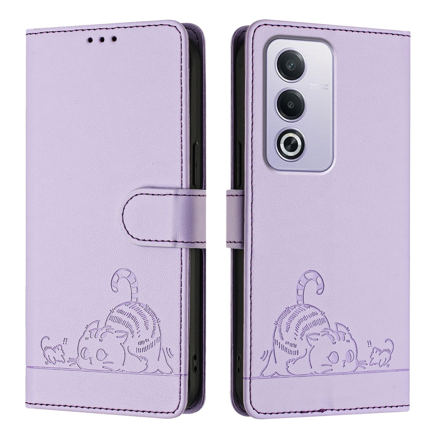 OPPO A3 Pro 5G Global Cat and Rat Embossed Pattern, RFID Leather Phone Case with Lanyard, Kickstand, and Wallet Features