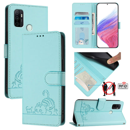 OPPO A53 2020 4G Cat and Rat Embossed Pattern, RFID Leather Phone Case with Lanyard, Kickstand, and Wallet Features