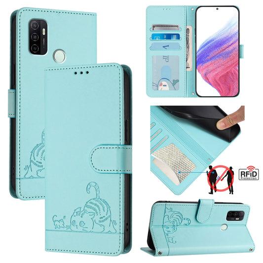 OPPO A53 2020 4G Cat and Rat Embossed Pattern, RFID Leather Phone Case with Lanyard, Kickstand, and Wallet Features
