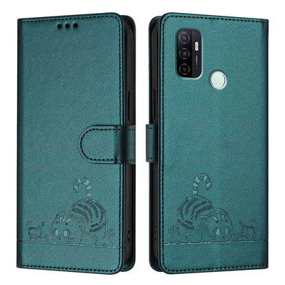 OPPO A53 2020 4G Cat and Rat Embossed Pattern, RFID Leather Phone Case with Lanyard, Kickstand, and Wallet Features