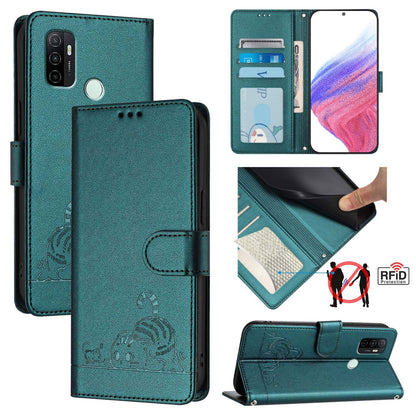 OPPO A53 2020 4G Cat and Rat Embossed Pattern, RFID Leather Phone Case with Lanyard, Kickstand, and Wallet Features
