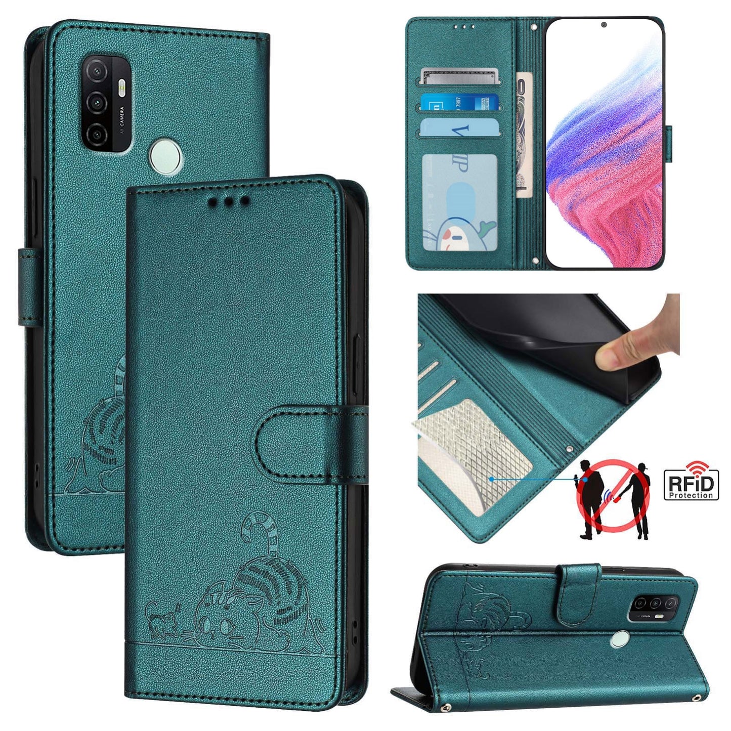 OPPO A53s 4G Cat and Rat Embossed Pattern, RFID Leather Phone Case with Lanyard, Kickstand, and Wallet Features