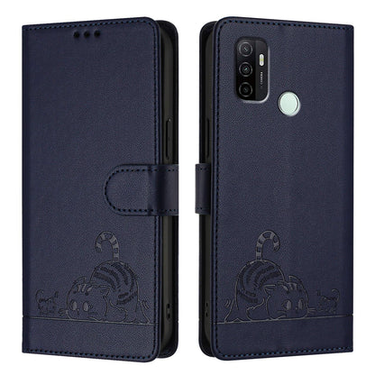 OPPO A53s 4G Cat and Rat Embossed Pattern, RFID Leather Phone Case with Lanyard, Kickstand, and Wallet Features