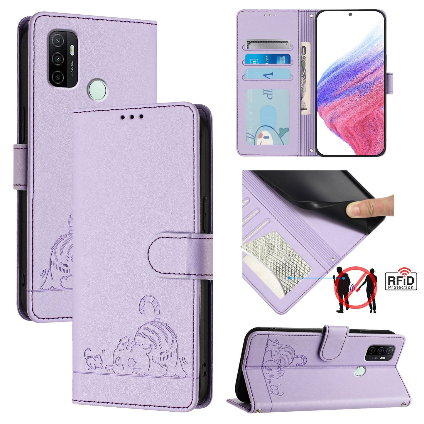 OPPO A33 2020 4G Cat and Rat Embossed Pattern, RFID Leather Phone Case with Lanyard, Kickstand, and Wallet Features