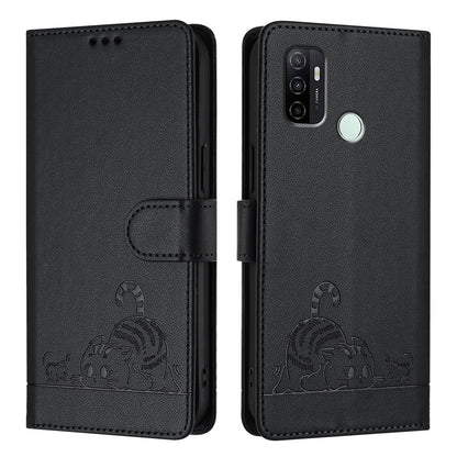 OPPO A11s 4G Cat and Rat Embossed Pattern, RFID Leather Phone Case with Lanyard, Kickstand, and Wallet Features