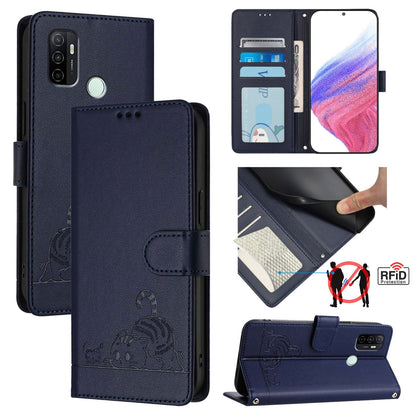 OPPO A11s 4G Cat and Rat Embossed Pattern, RFID Leather Phone Case with Lanyard, Kickstand, and Wallet Features