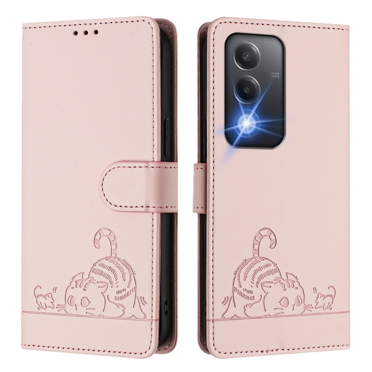 OPPO A80 5G EU Cat and Rat Embossed Pattern, RFID Leather Phone Case with Lanyard, Kickstand, and Wallet Features