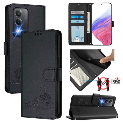 OPPO A80 5G EU Cat and Rat Embossed Pattern, RFID Leather Phone Case with Lanyard, Kickstand, and Wallet Features
