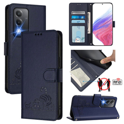 OPPO A80 5G EU Cat and Rat Embossed Pattern, RFID Leather Phone Case with Lanyard, Kickstand, and Wallet Features
