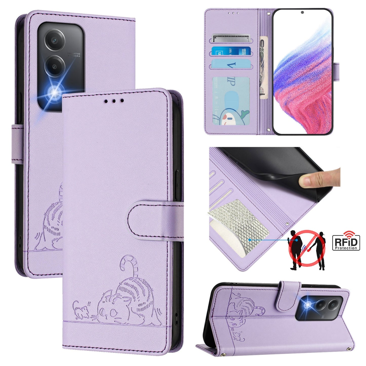OPPO A80 5G EU Cat and Rat Embossed Pattern, RFID Leather Phone Case with Lanyard, Kickstand, and Wallet Features