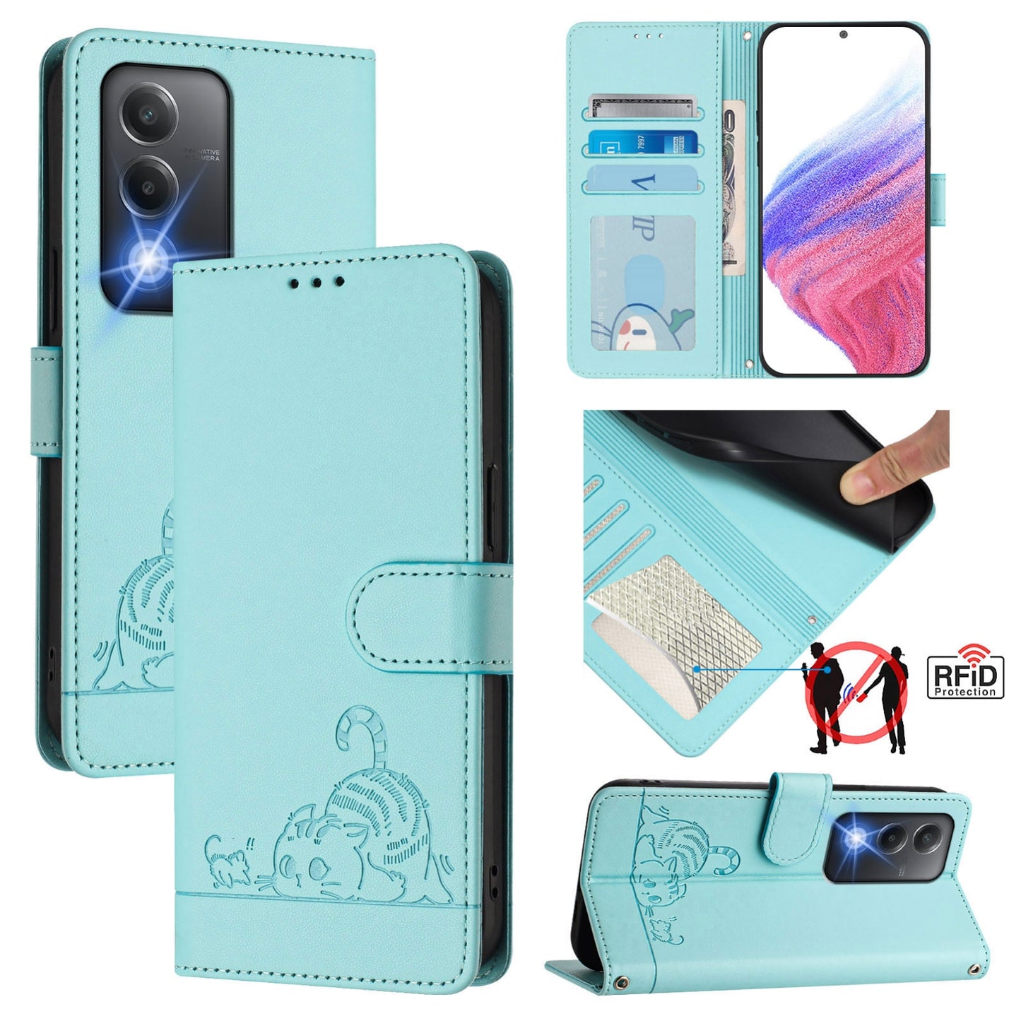 OPPO A3 Pro 5G India Cat and Rat Embossed Pattern, RFID Leather Phone Case with Lanyard, Kickstand, and Wallet Features