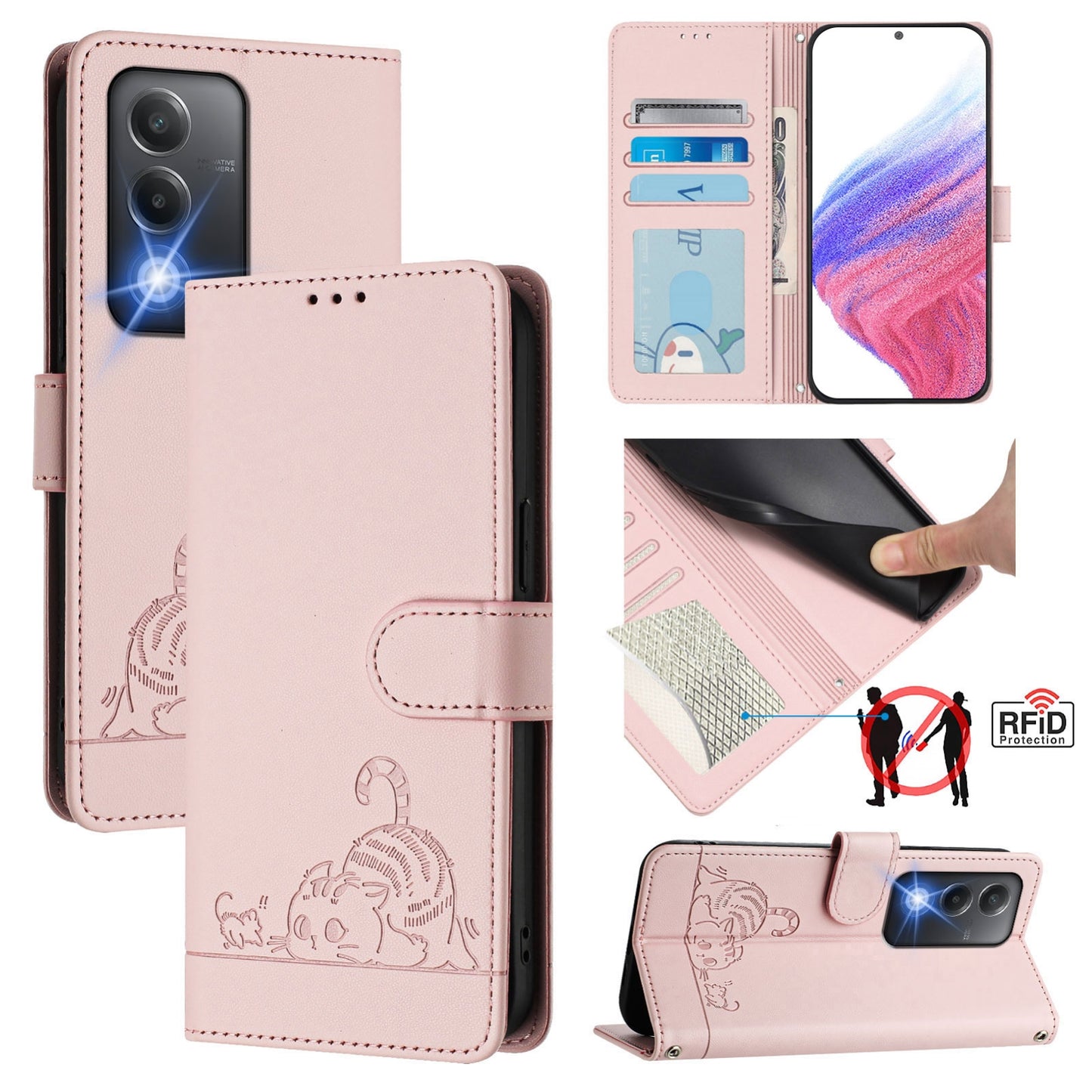 OPPO A3 Pro 5G India Cat and Rat Embossed Pattern, RFID Leather Phone Case with Lanyard, Kickstand, and Wallet Features