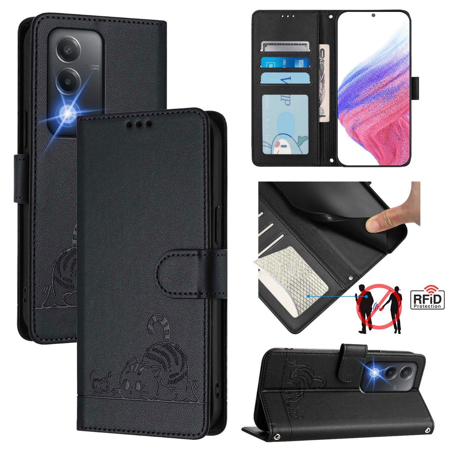 OPPO A3 Pro 5G India Cat and Rat Embossed Pattern, RFID Leather Phone Case with Lanyard, Kickstand, and Wallet Features
