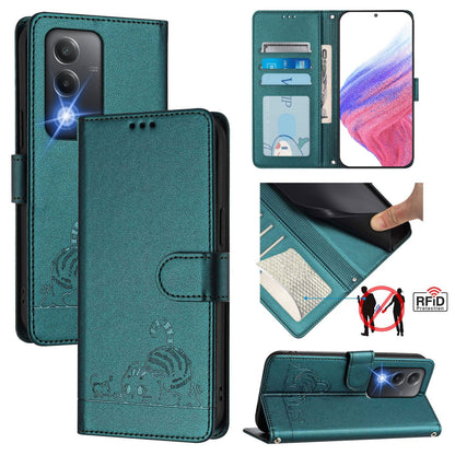 OPPO A3 Pro 5G India Cat and Rat Embossed Pattern, RFID Leather Phone Case with Lanyard, Kickstand, and Wallet Features