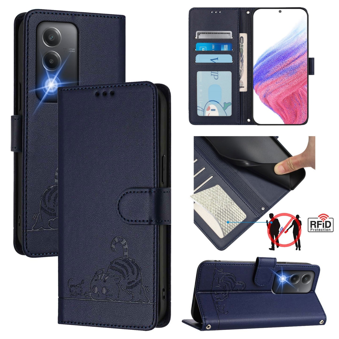 OPPO A3 Pro 5G India Cat and Rat Embossed Pattern, RFID Leather Phone Case with Lanyard, Kickstand, and Wallet Features