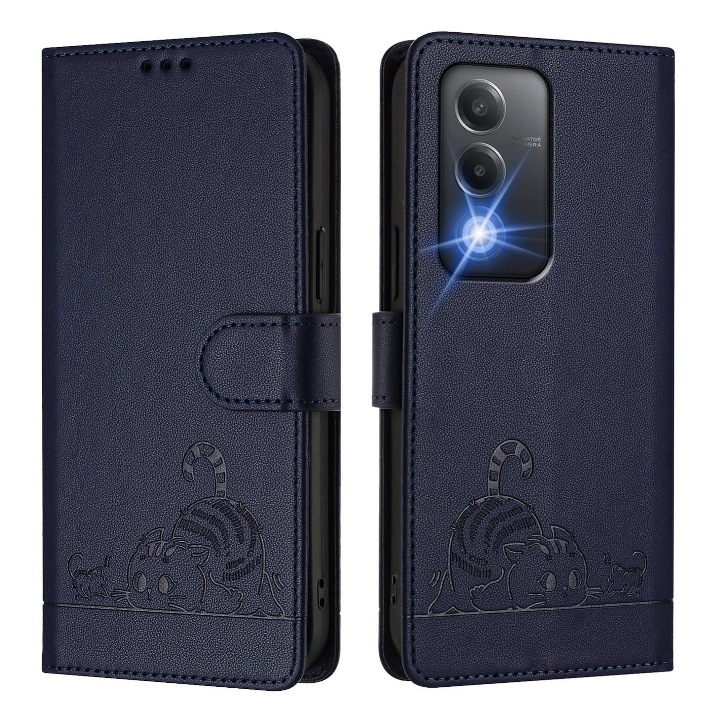 OPPO A3 Pro 5G India Cat and Rat Embossed Pattern, RFID Leather Phone Case with Lanyard, Kickstand, and Wallet Features