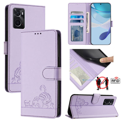 Realme 9i 4G Cat and Rat Embossed Pattern, RFID Leather Phone Case with Lanyard, Kickstand, and Wallet Features