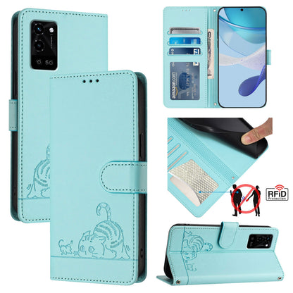 Realme V11 5G Cat and Rat Embossed Pattern, RFID Leather Phone Case with Lanyard, Kickstand, and Wallet Features