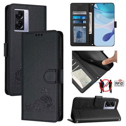 Realme Narzo 50 Cat and Rat Embossed Pattern, RFID Leather Phone Case with Lanyard, Kickstand, and Wallet Features