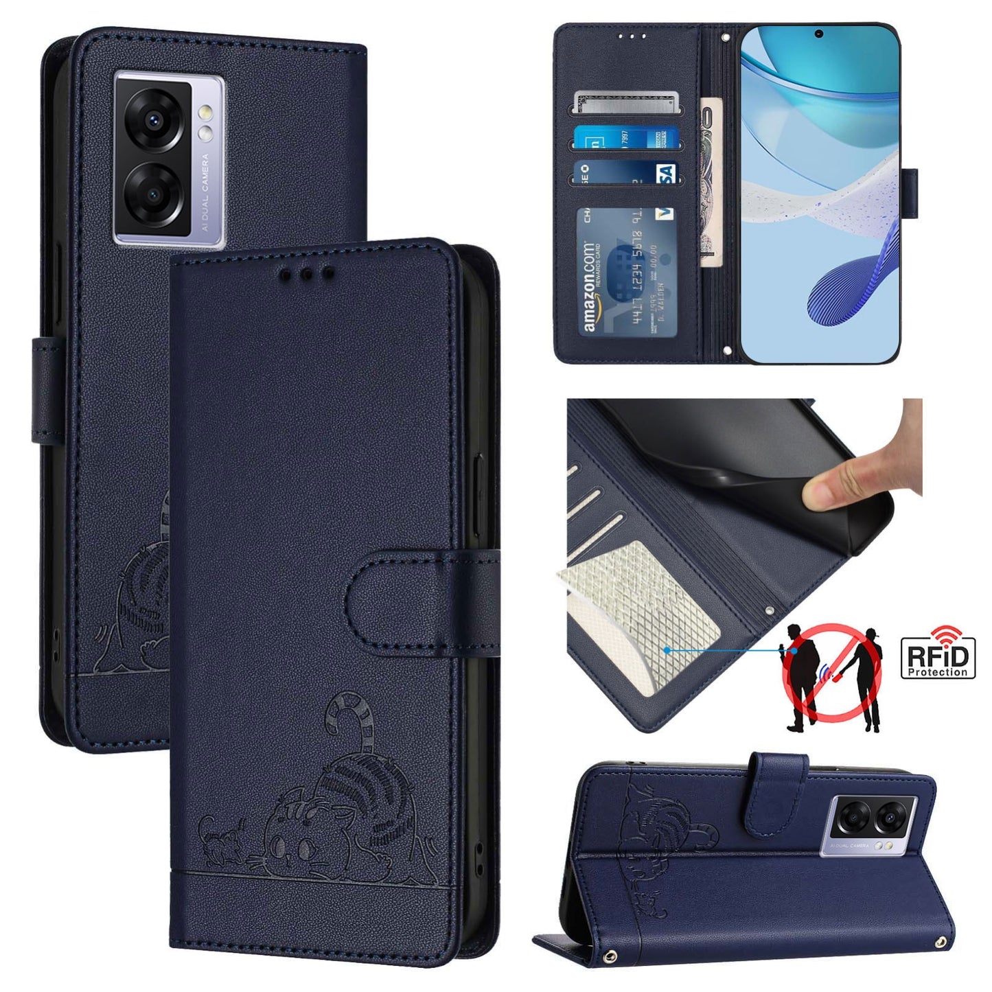 Realme Narzo 50 Cat and Rat Embossed Pattern, RFID Leather Phone Case with Lanyard, Kickstand, and Wallet Features