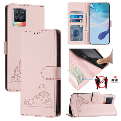 Realme 8 Pro 4G Cat and Rat Embossed Pattern, RFID Leather Phone Case with Lanyard, Kickstand, and Wallet Features