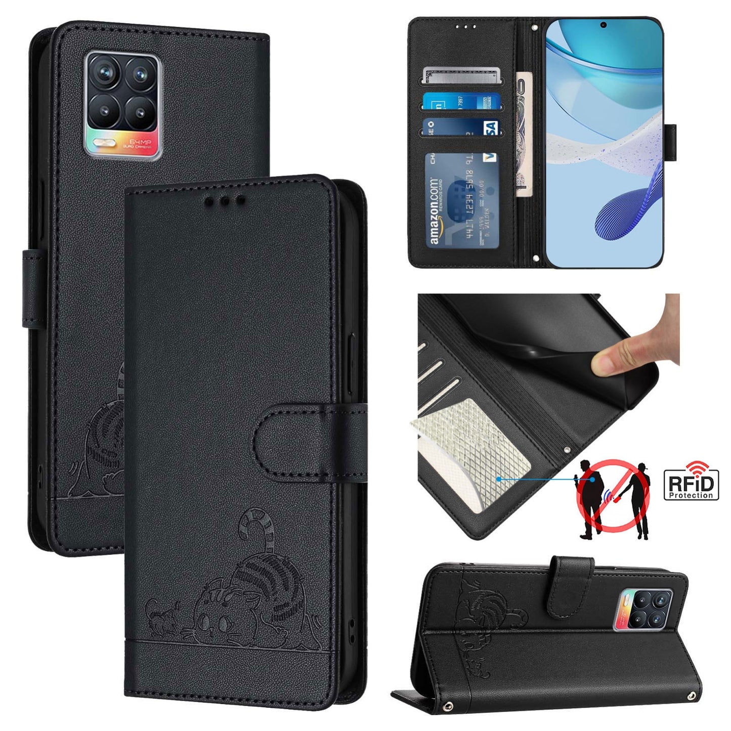 Realme 8 4G Cat and Rat Embossed Pattern, RFID Leather Phone Case with Lanyard, Kickstand, and Wallet Features