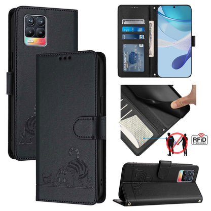 Realme 8 Pro 4G Cat and Rat Embossed Pattern, RFID Leather Phone Case with Lanyard, Kickstand, and Wallet Features