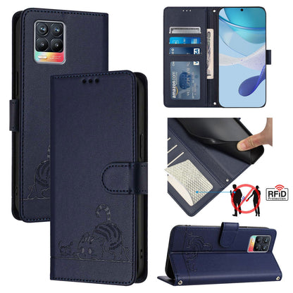 Realme 8 Pro 4G Cat and Rat Embossed Pattern, RFID Leather Phone Case with Lanyard, Kickstand, and Wallet Features