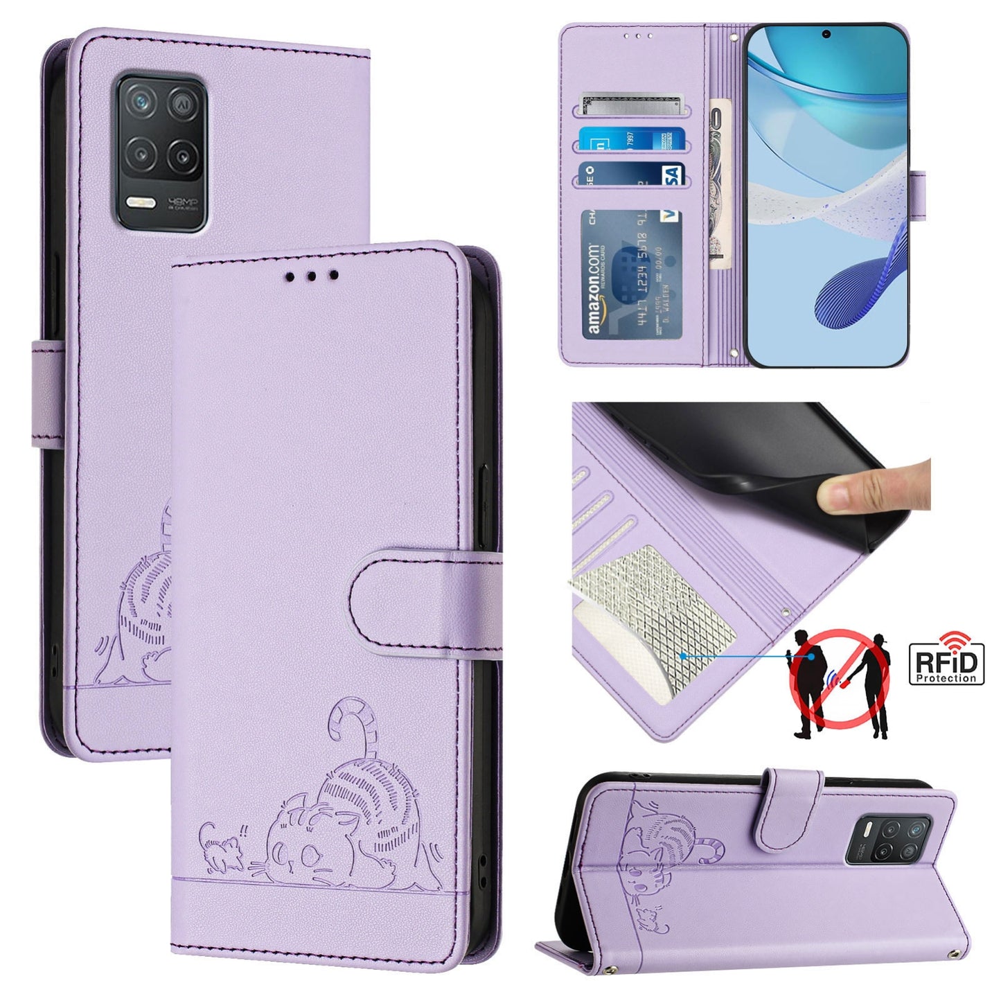 Realme 8 5G Cat and Rat Embossed Pattern, RFID Leather Phone Case with Lanyard, Kickstand, and Wallet Features