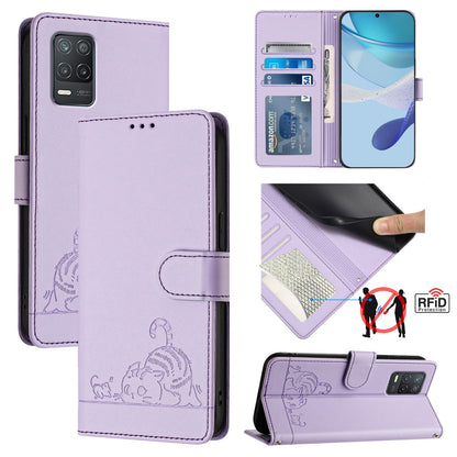 Realme 9 5G India Cat and Rat Embossed Pattern, RFID Leather Phone Case with Lanyard, Kickstand, and Wallet Features