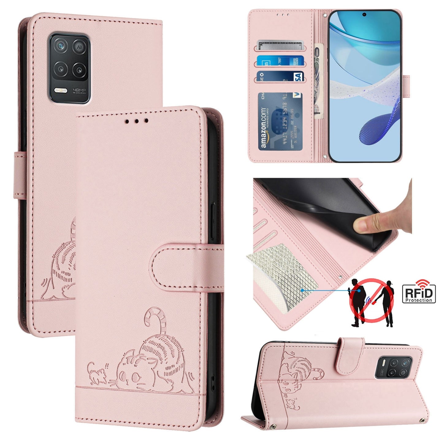 Realme V13 5G Cat and Rat Embossed Pattern, RFID Leather Phone Case with Lanyard, Kickstand, and Wallet Features